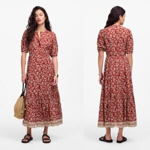 Madewell Pintucked Floral Puff-Sleeve Midi Dress NU586 Ground Madder Size 4 NWT
